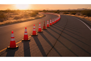 Long line of orange traffic cones, a Transportation Photo by Igor Tichonow
