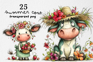 Whimsical Summer Cow Clipart, an Illustration by Dream Creation