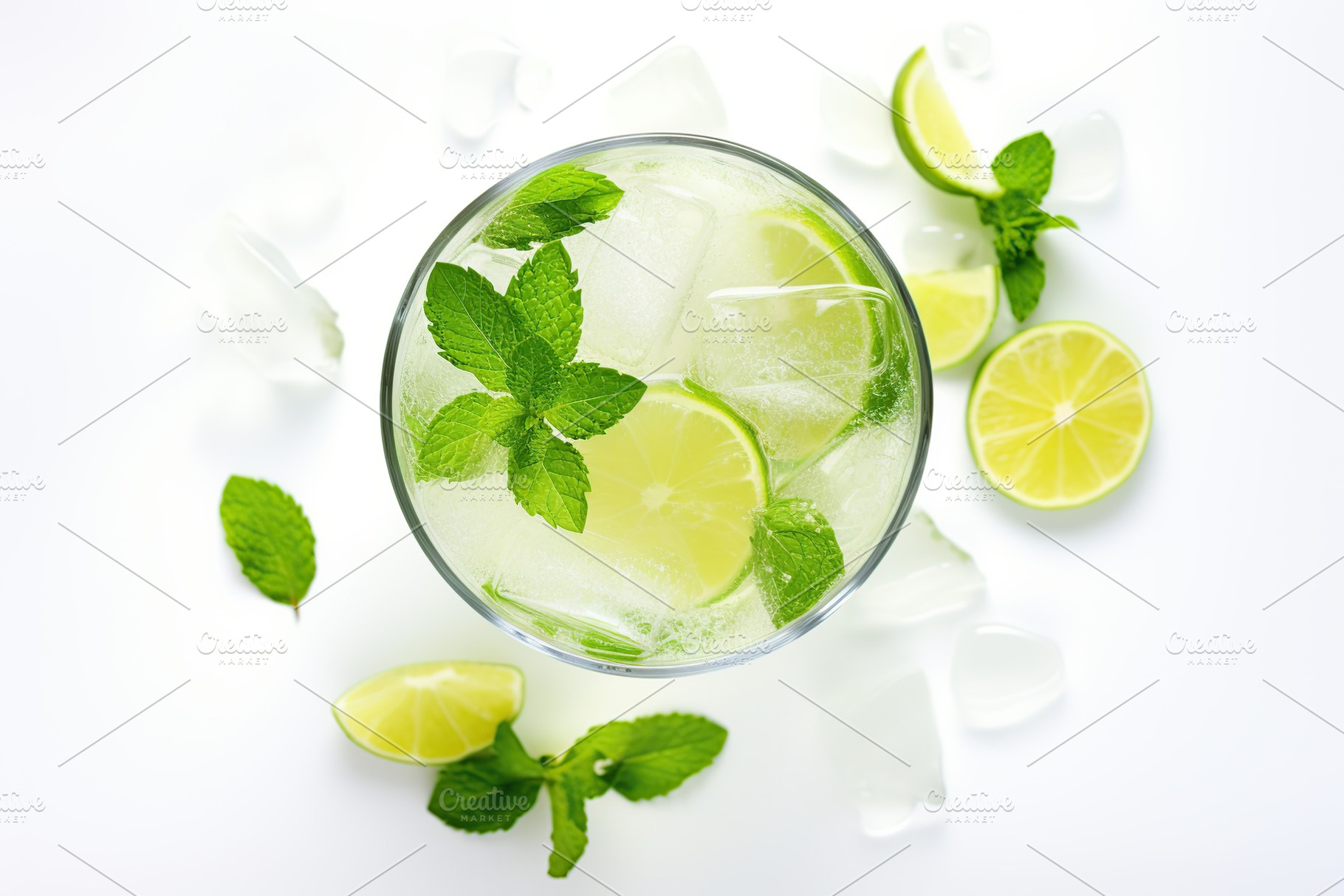 Flat lay of alcoholic mojito with ice and mint on white background, a Food & Drink Photo by AlyaAnd