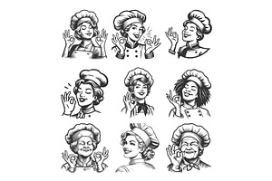 Female Chefs Making OK Gesture set, a Food Illustration by AlexArt