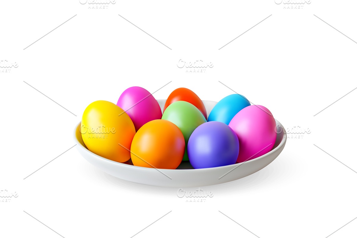 3d colorful easter eggs in plate, an Object Illustration by Abscent