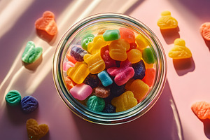 Colorful gummy candies in a glass jar, a Food & Drink Photo by Photostock