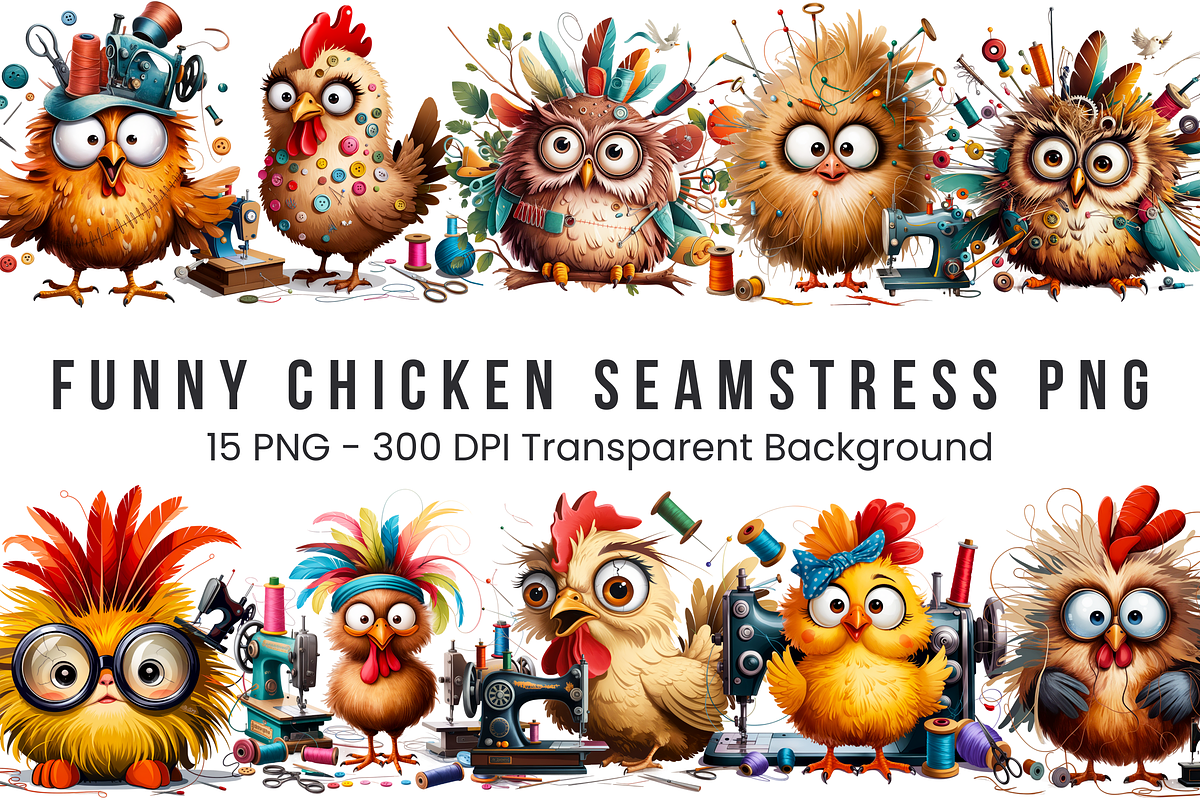 Funny Chicken Seamstress PNG Bundle, a Graphic by Clipart Bloom (Photo 1 of 16)