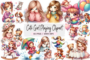 Cute Girl Playing Clipart, an Illustration by DreamArtGraphic