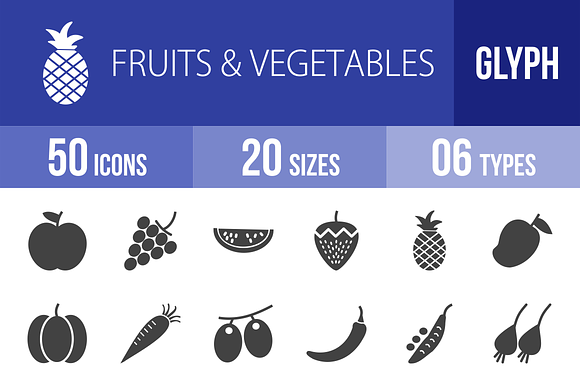 50 Fruits Vegetables Glyph Icons
