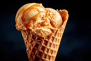 Caramel ice cream in waffle cone, a Food & Drink Photo by AlyaAnd