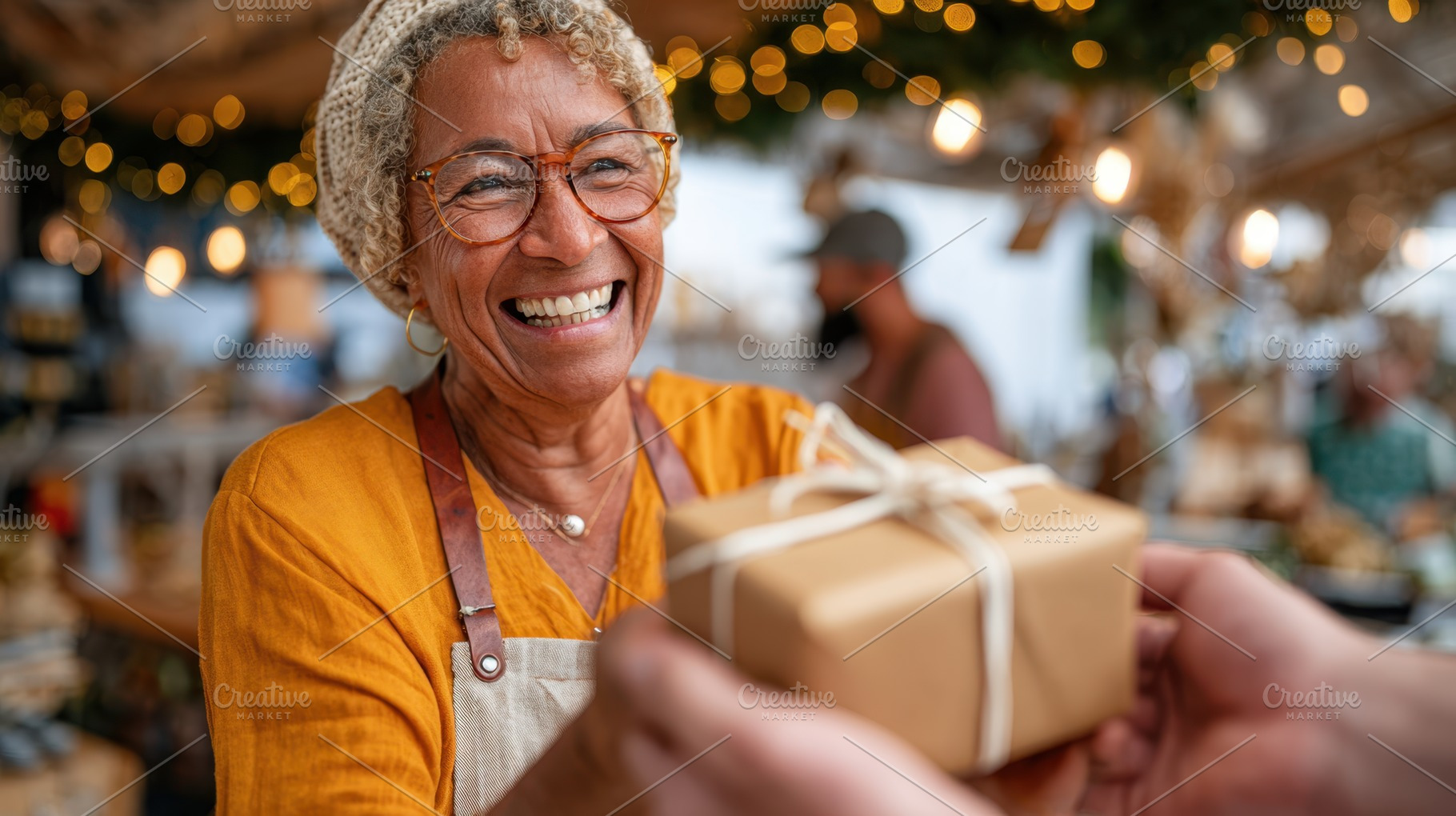 Elderly Woman Receiving Gift at Festive Market, a Person Photo by AlyaAnd