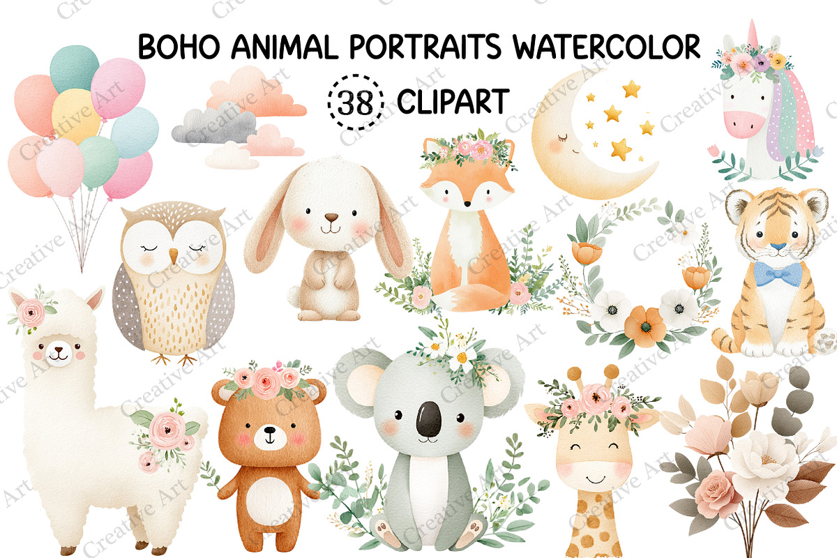 Boho Animal Portraits Watercolor Png, an Illustration by Creative Art (Photo 1 of 10)