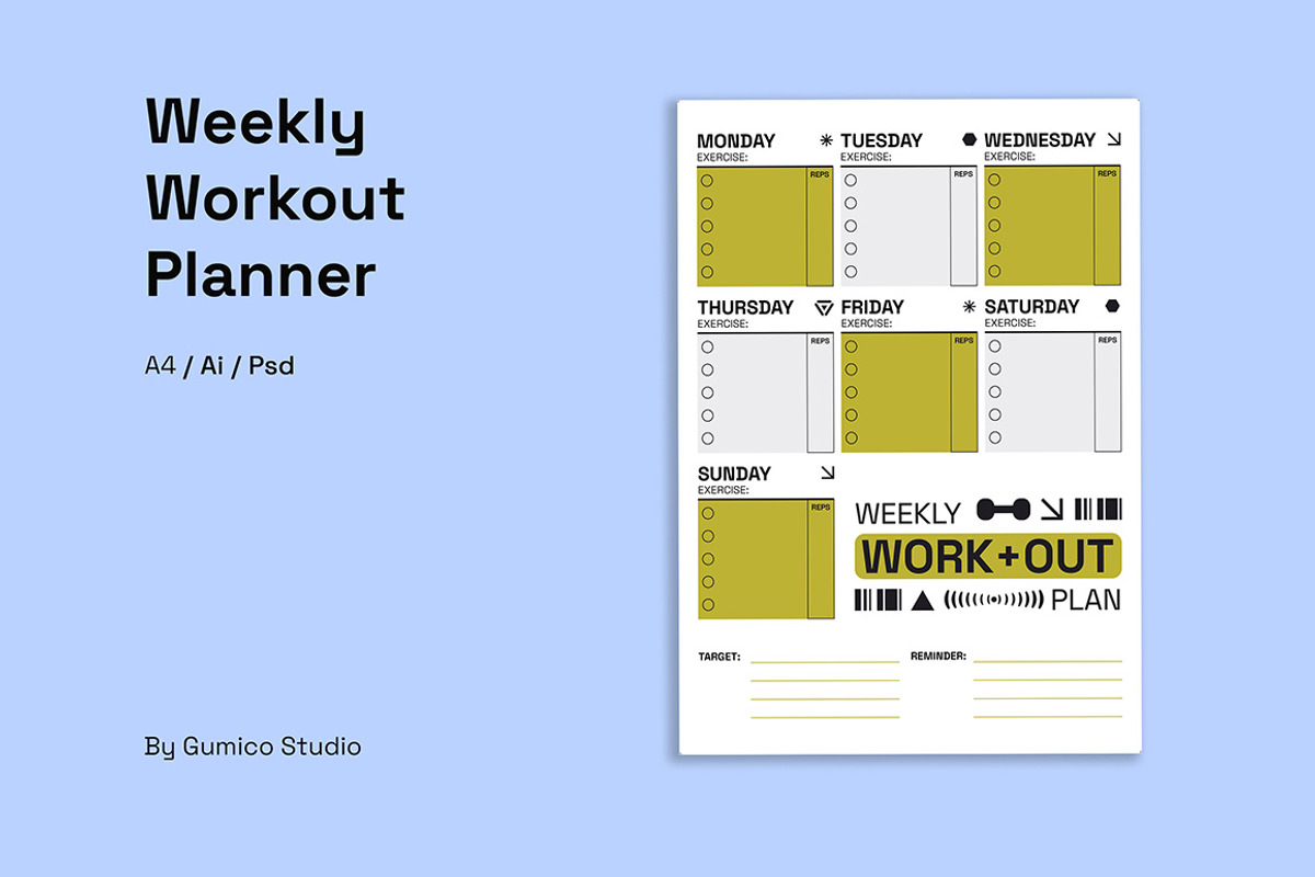 Modern Weekly Workout Planner, a Stationery Template by Gumico Studio. (Photo 1 of 3)