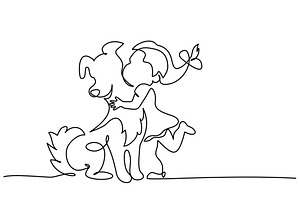 Happy small Girl hugs big dog, a Person Illustration by Valenty