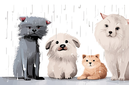 Funny Pets in the Rain, an Animal Illustration by Sybillla
