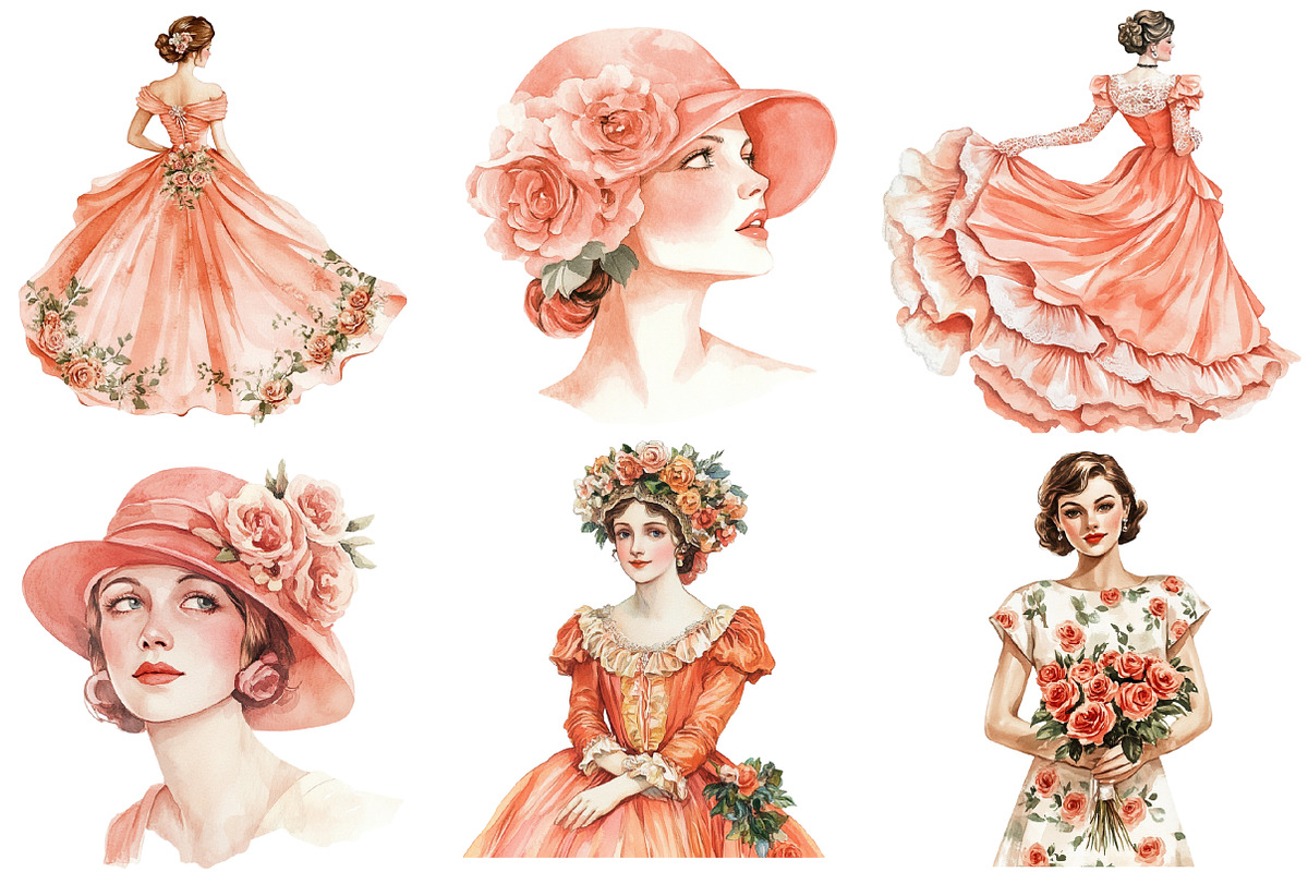 Coral Spring Vintage Woman Clipart, an Illustration by SinaCreation (Photo 4 of 5)