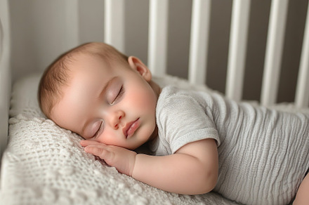 Newborn child in co-sleeper crib. Sleeping in bedside., a Person Photo by AlyaAnd