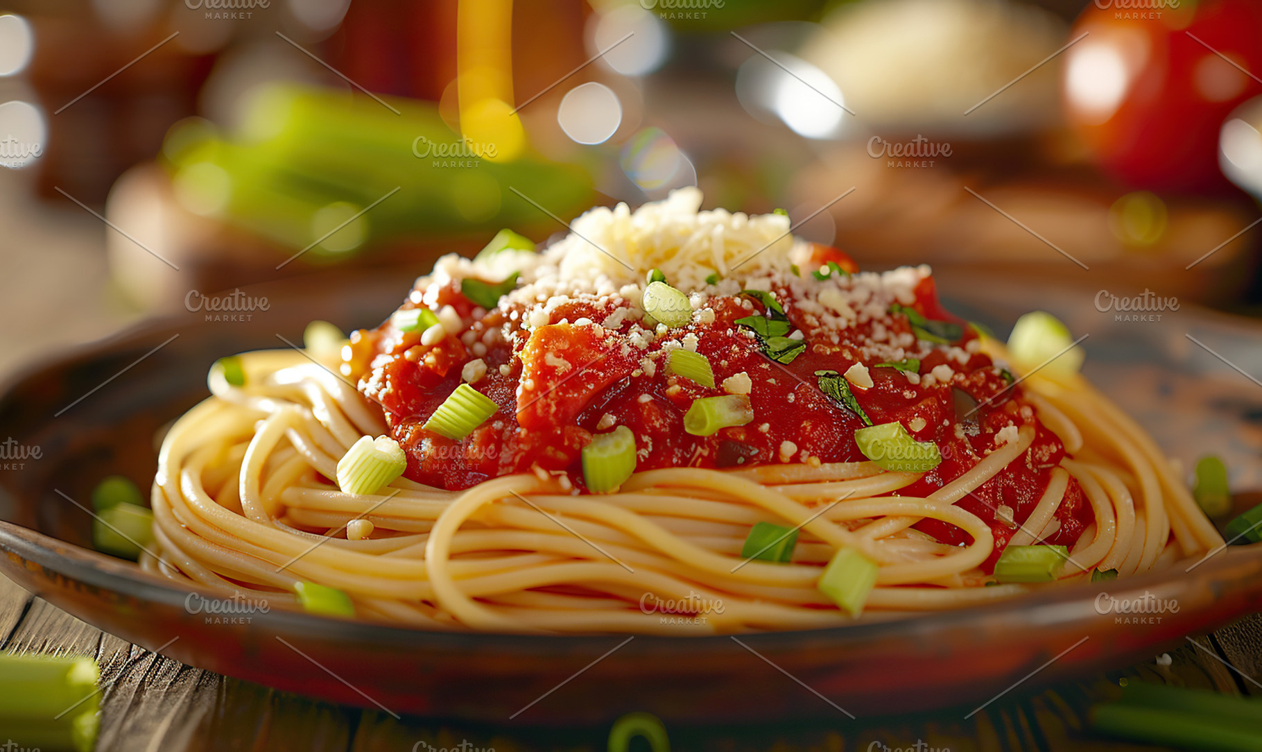 A plate of spaghetti topped with Bol, a Photo by LOGOCREATIVE
