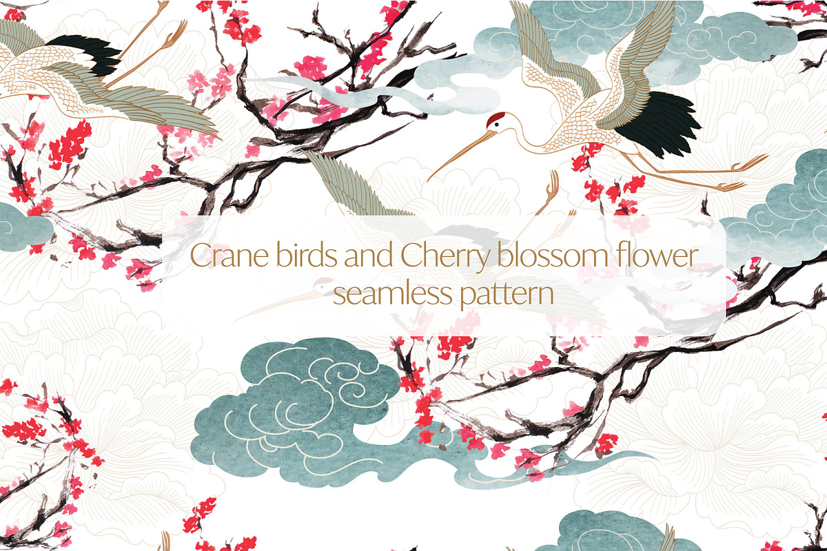 crane bird and cherry blossom flower, a Pattern Graphic by marukopum (Photo 1 of 3)