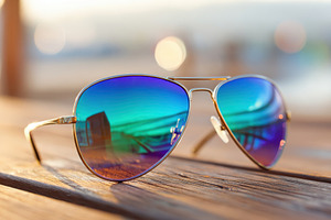 Stylish sunglasses reflecting a beach scene, a Beauty & Fashion Photo by AlyaAnd