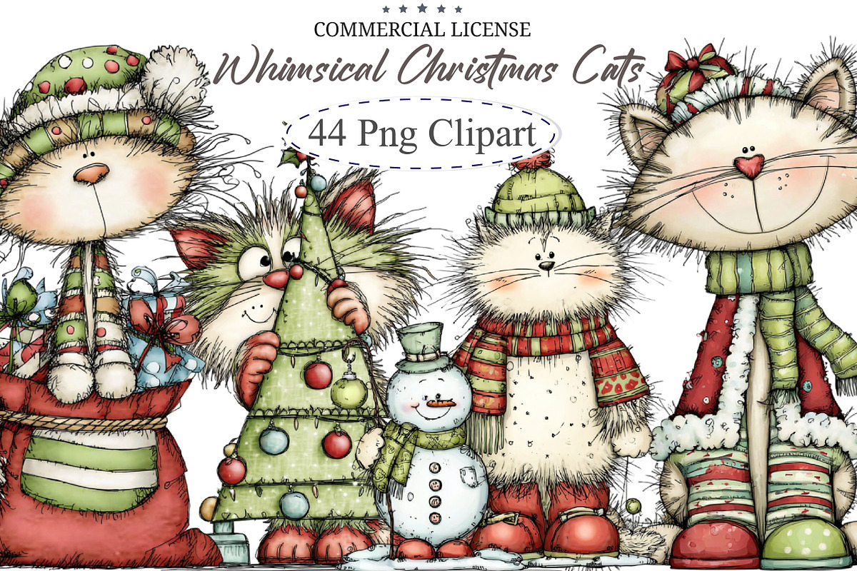 Whimsical Funny Christmas Cats Clipa, an Illustration by designcity5 (Photo 1 of 5)