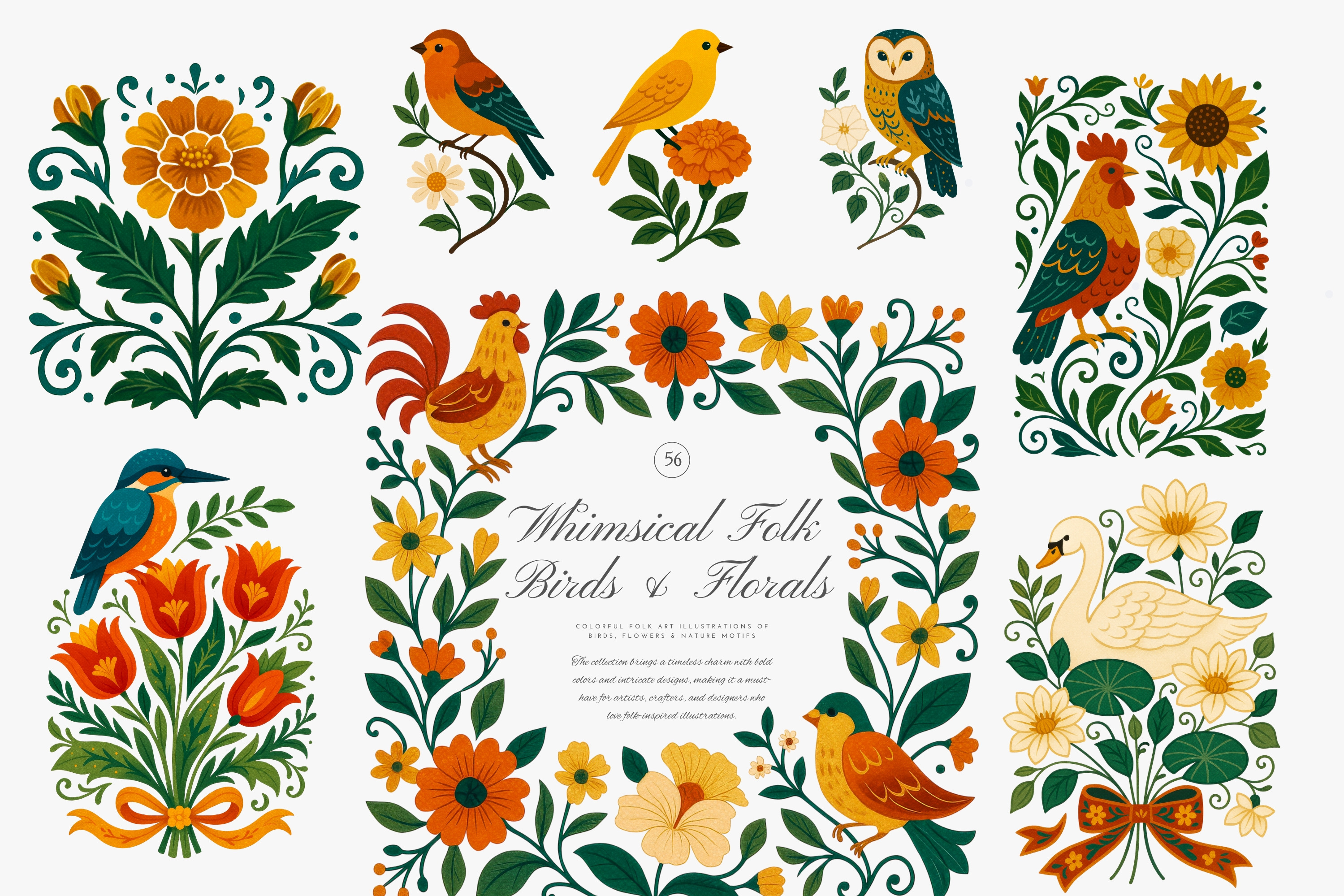 folk bird and floral clipart set, a Decorative Illustration by Patishop Art
