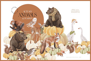 Autumn Animals & Pumpkin PNG