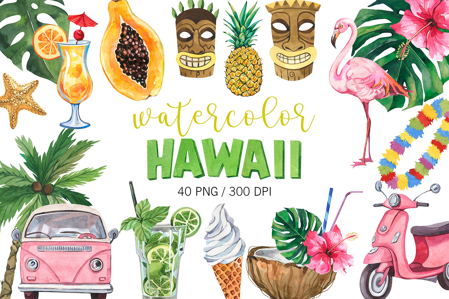 Watercolor Hawaii Clipart, Summer PNG