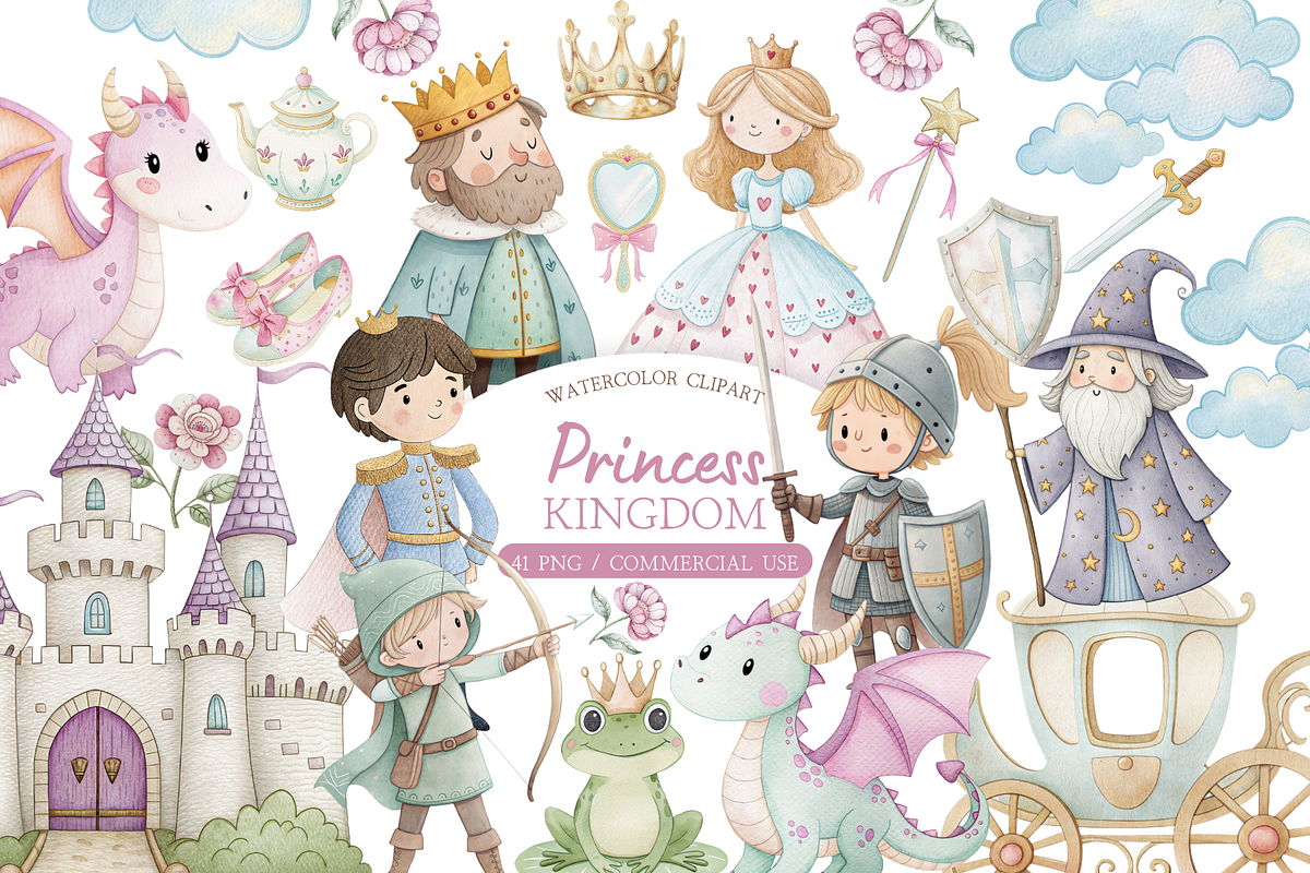 Princess Kingdom Watercolor Clipart, an Illustration by MockupWizard (Photo 1 of 6)