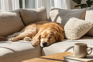 Medium-sized golden retriever peacefully sleeping on gray couch in sunlit livin, a Photo by AlyaAnd