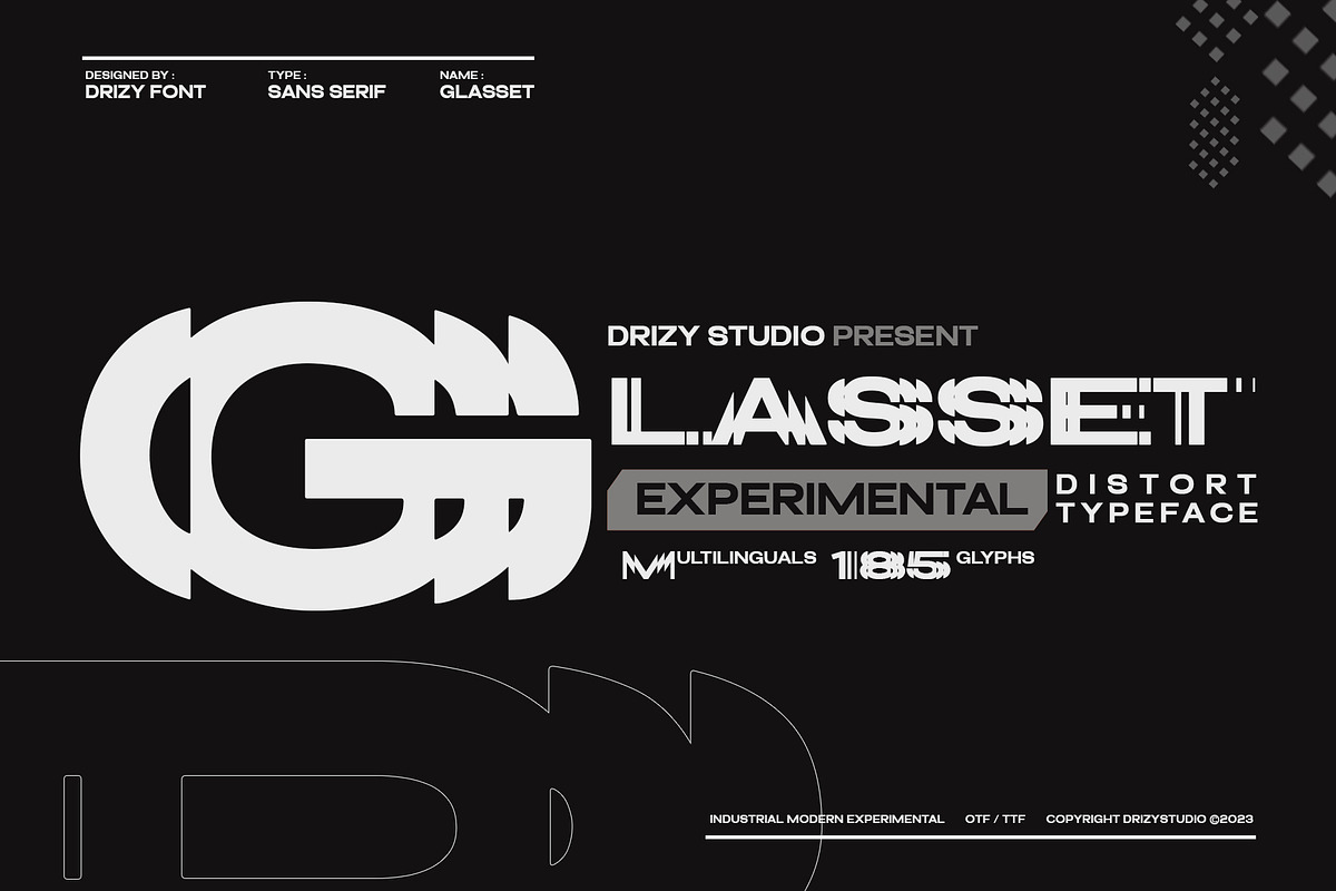 Glasset – Experimental Distort Font, a Sans Serif Font by Drizy (Photo 1 of 10)