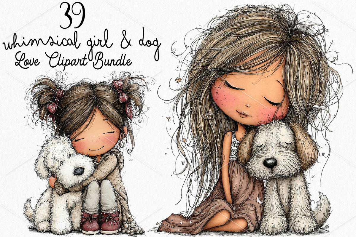 Whimsical Girl & Dog Love Clipart, a Seasonal Illustration by Canvas Craft (Photo 1 of 7)
