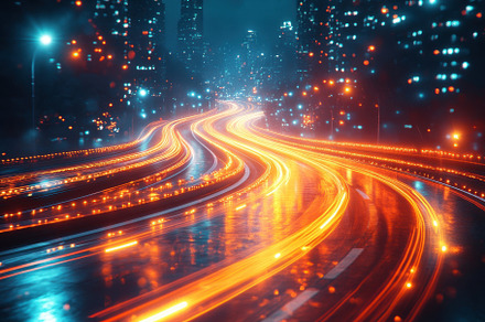 Vibrant city nightscape with flowing, a Photo by Tanuart