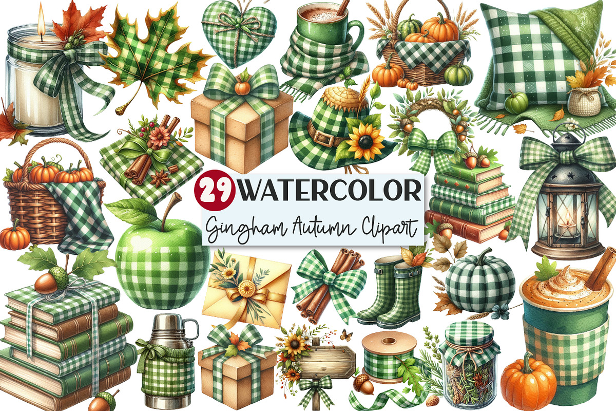 Green Gingham Autumn Clipart, an Illustration by Rose Art (Photo 1 of 5)