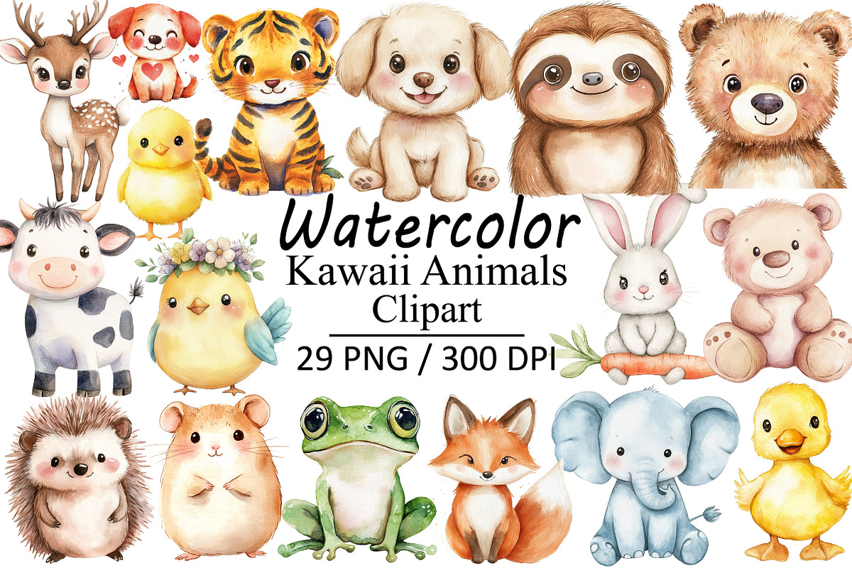 Watercolor Kawaii Animals, an Illustration by Design Market (Photo 1 of 3)