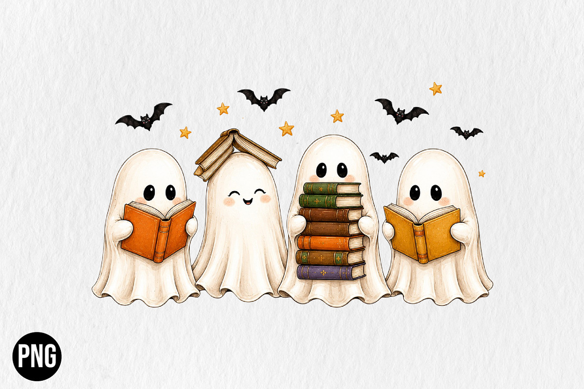 Halloween Ghost Reading Books PNG, a Seasonal Illustration by CraftArtStudio (Photo 1 of 4)