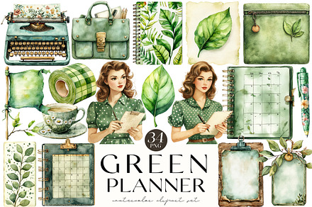 Watercolor Green Planner Clipart, an Illustration by OK Design
