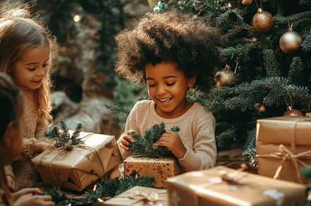Group of Children Exchanging Eco-Friendly Holiday Gifts, a Photo by Natalia Klenova's Shop