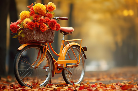 Retro bycicle with flowers in autumn park, a Transportation Photo by AlyaAnd