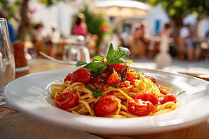 Delicious Italian pasta with fresh tomatoes and herbs served at an outdoor cafe, a Food & Drink Photo by AlyaAnd