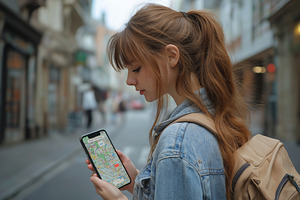 A young Caucasian woman with long brown hair checks her phone's map in a trendy, a Person Photo by ImageMir