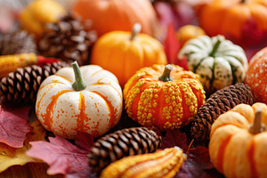 Autumn pumpkins and pine cones arrangement, a Holiday Photo by AlyaAnd