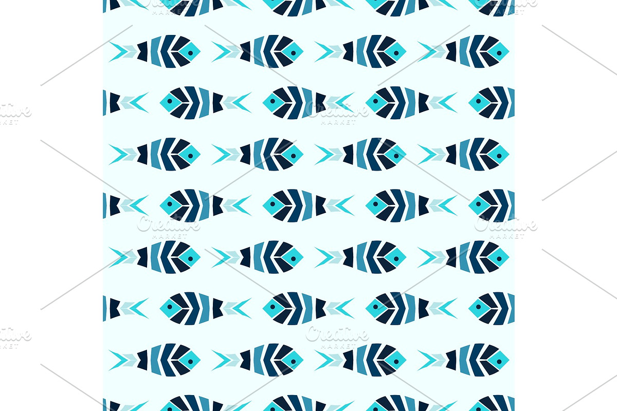 Flock of blue mosaic fish pattern seamless, an Animal Illustration by kozyrevaelena