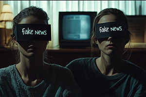 Couple with Fake News Labels in Dramatic Lighting, an Abstract Photo by Natalia Klenova's Shop