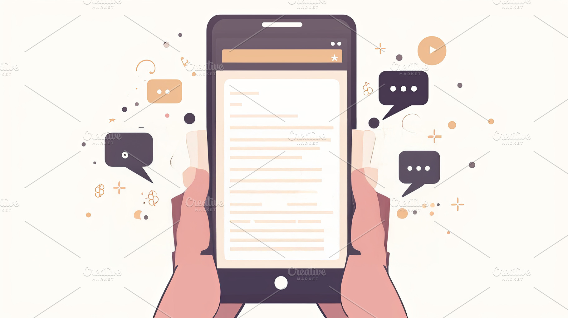 Hand holding a smartphone with text messages and communication icons, a Photo by AS photostudio