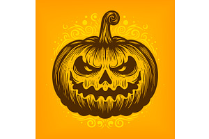 Scary Halloween Pumpkin on Orange, an Illustration by AlexArt