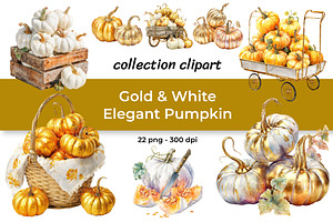 Gold & White Elegant Pumpkin Clipart, a Seasonal Illustration by InkyQueenArt