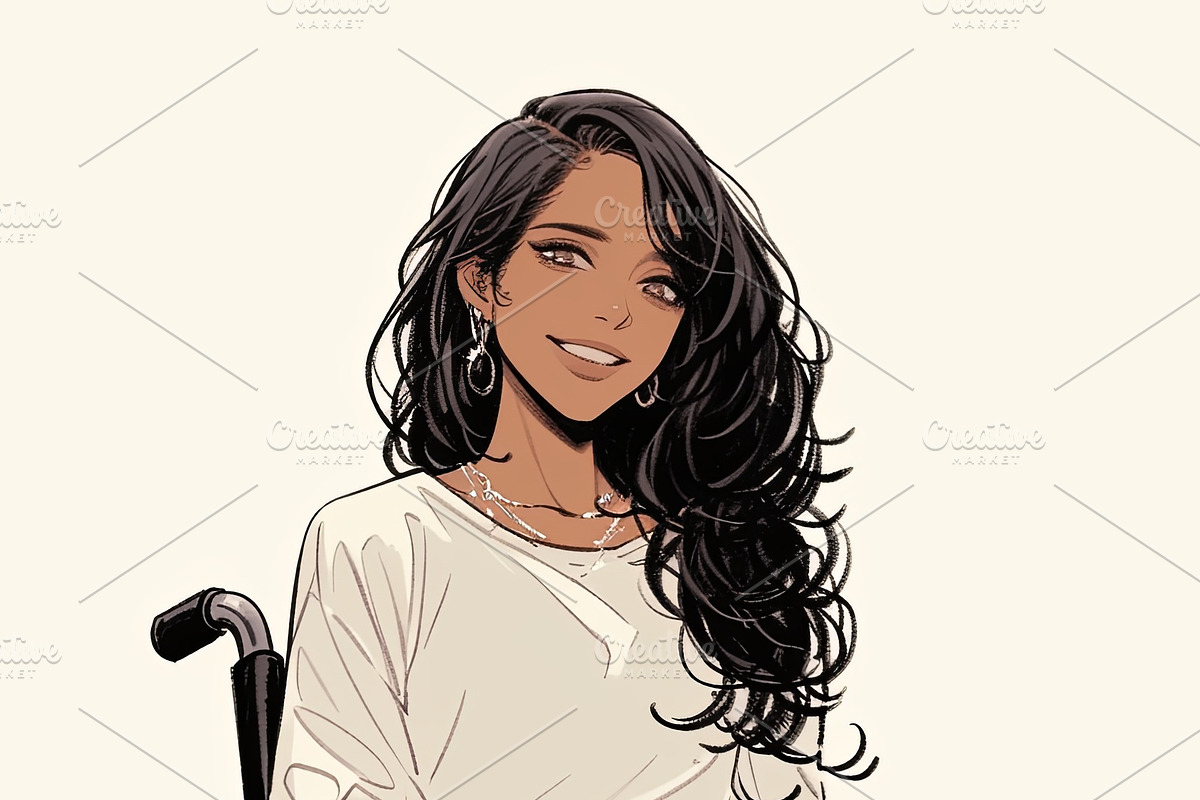 Confident young woman in a wheelchair wearing an elegant white outfit, an Illustration by AS photostudio