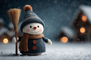 Cute snowman in knit hat and coat with brown scarf and broom in, a Holiday Photo by José Manuel Gelpi