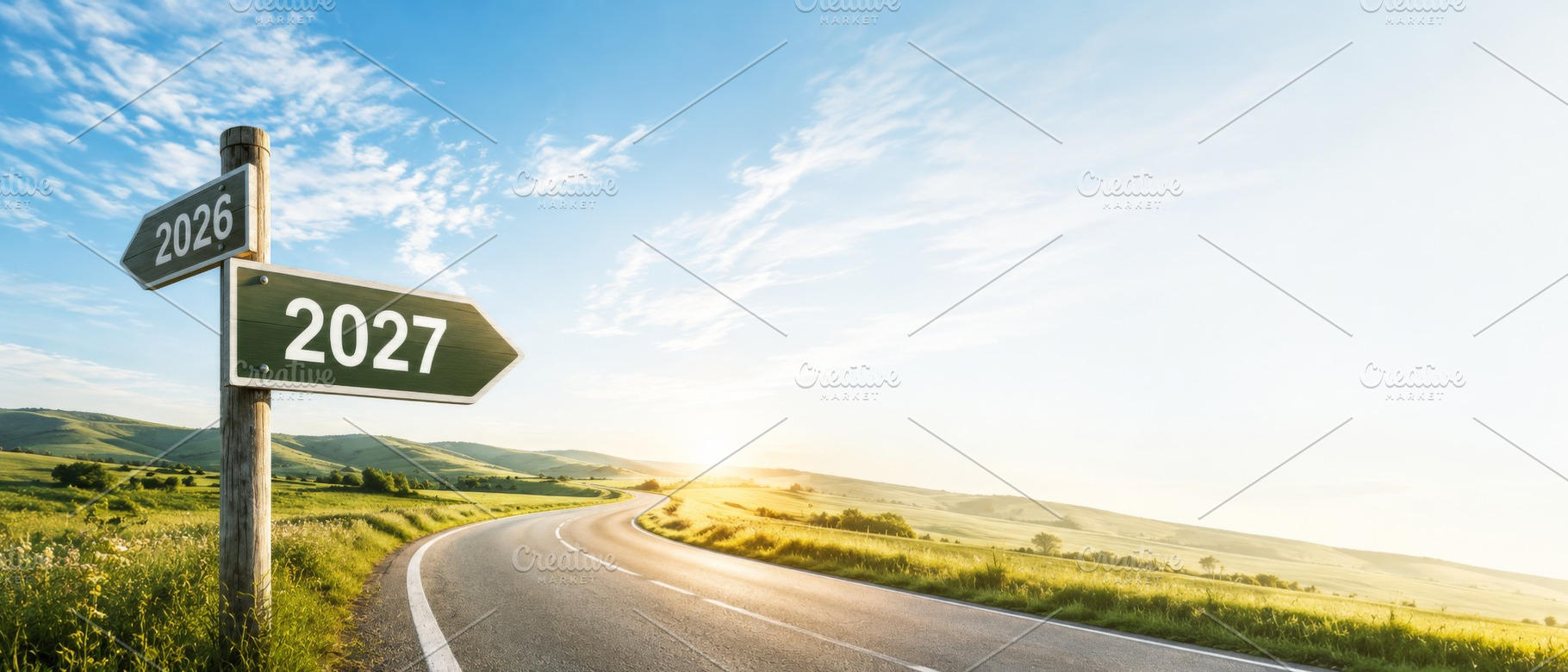 Road sign pointing to 2027 with scen, a Photo by Dvoevnore photos