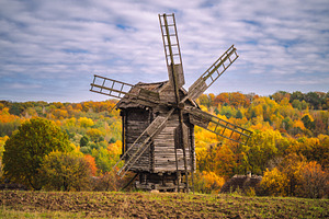 Old Wooden Windmill in Autumn Countryside Landscape, an Architecture Photo by Red Hot Chili Pepper Shop