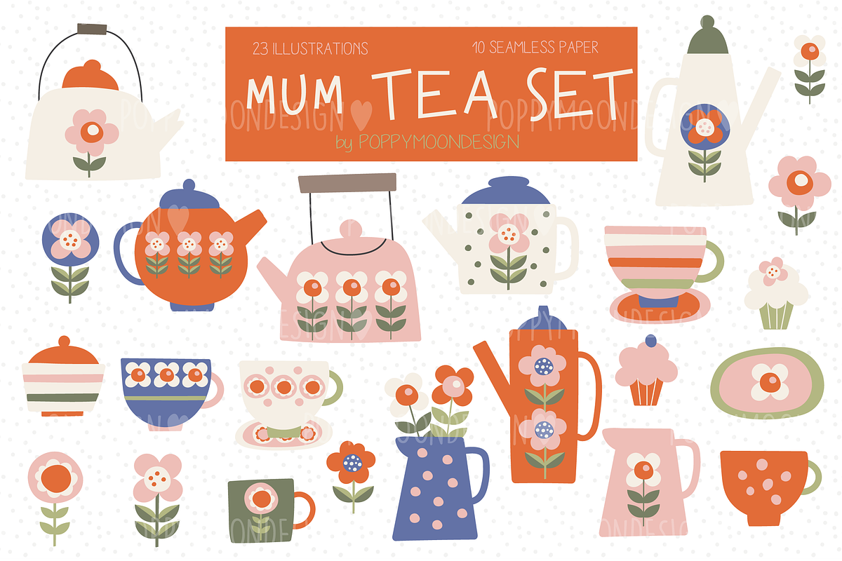 Mum Tea set, paper and clipart pack, a Food Illustration by Poppymoondesign (Photo 1 of 7)