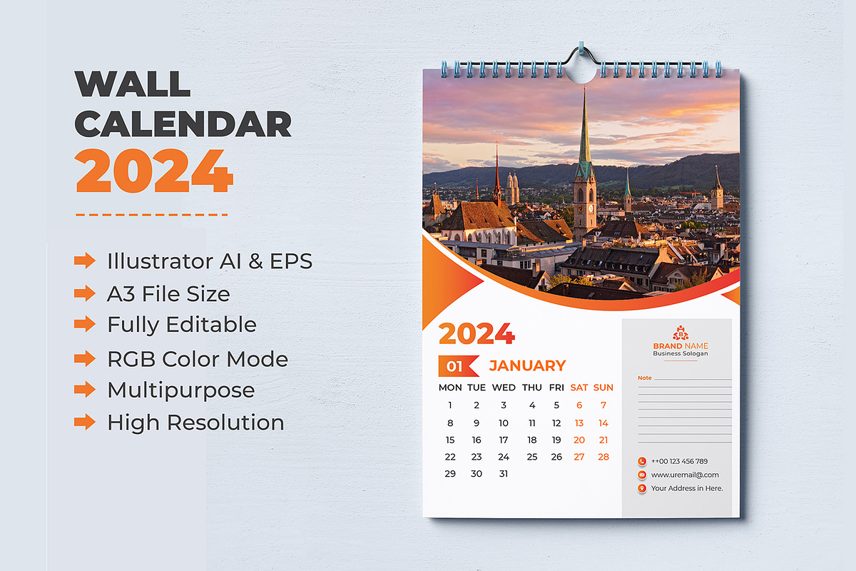 Modern Wall Calendar 2024, a Templates & Theme by pixelcreatx (Photo 1 of 7)