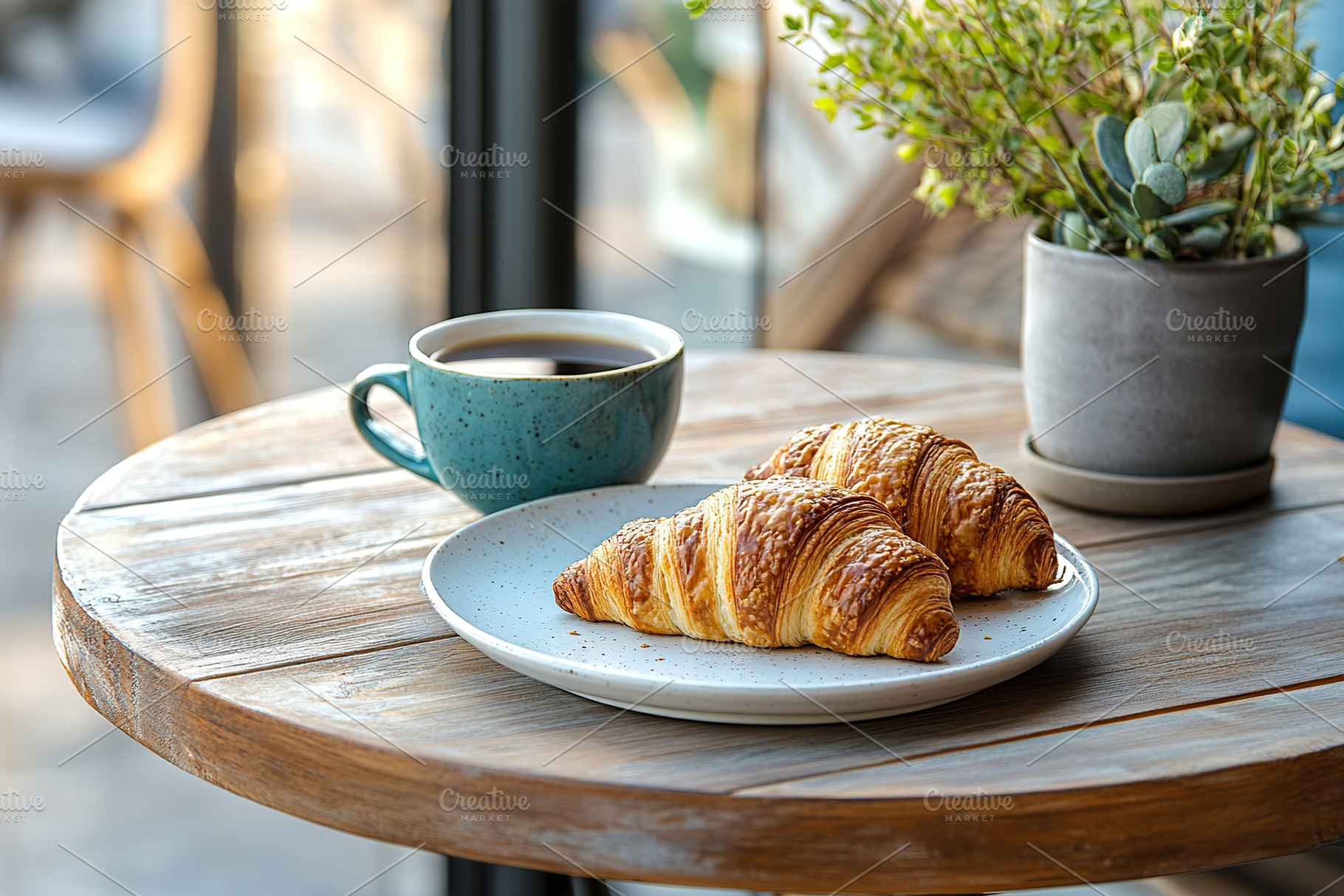 Freshly baked croissants served with coffee on a rustic wooden table in a cozy, a Food & Drink Photo by AlyaAnd
